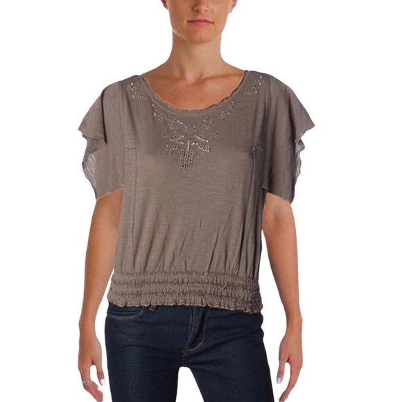Free People Slub Top Blouse Embellished Women Size Small Green 100% Cotton - Picture 1 of 8